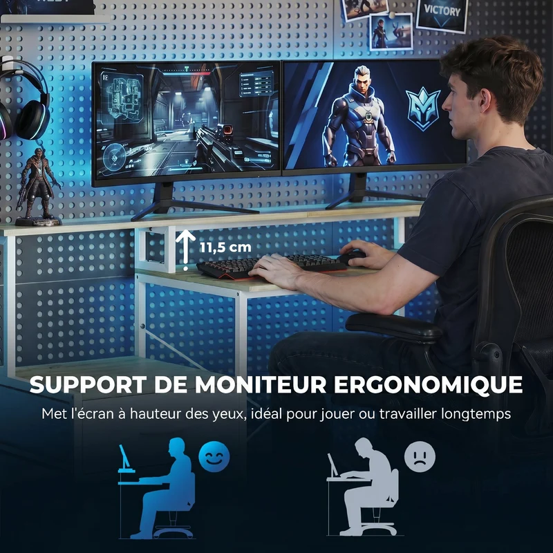 Bureau d'angle 172 x 100 x 89 cm support écran prises usb led rvb 2 tiroirs ergonomique moderne design en panneau blanc 21_0006143