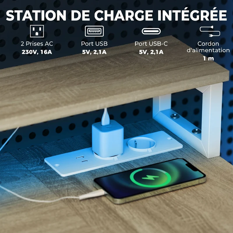 Bureau d'angle 172 x 100 x 89 cm support écran prises usb led rvb 2 tiroirs ergonomique moderne design en panneau blanc 21_0006143