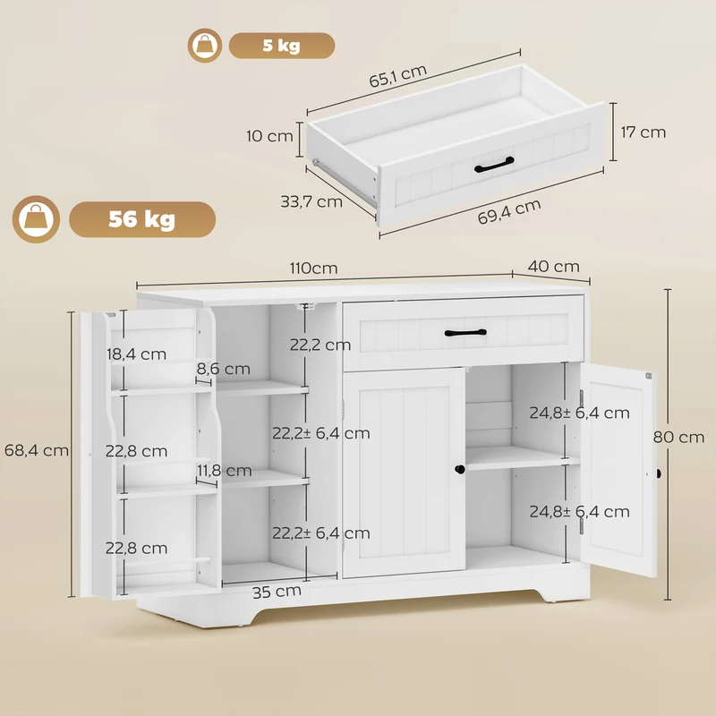 Buffet de cuisine polyvalent 110 x 40 x 80 cm grand tiroir et portes à fermeture douce contemporain épuré en MDF blanc 21_0003404