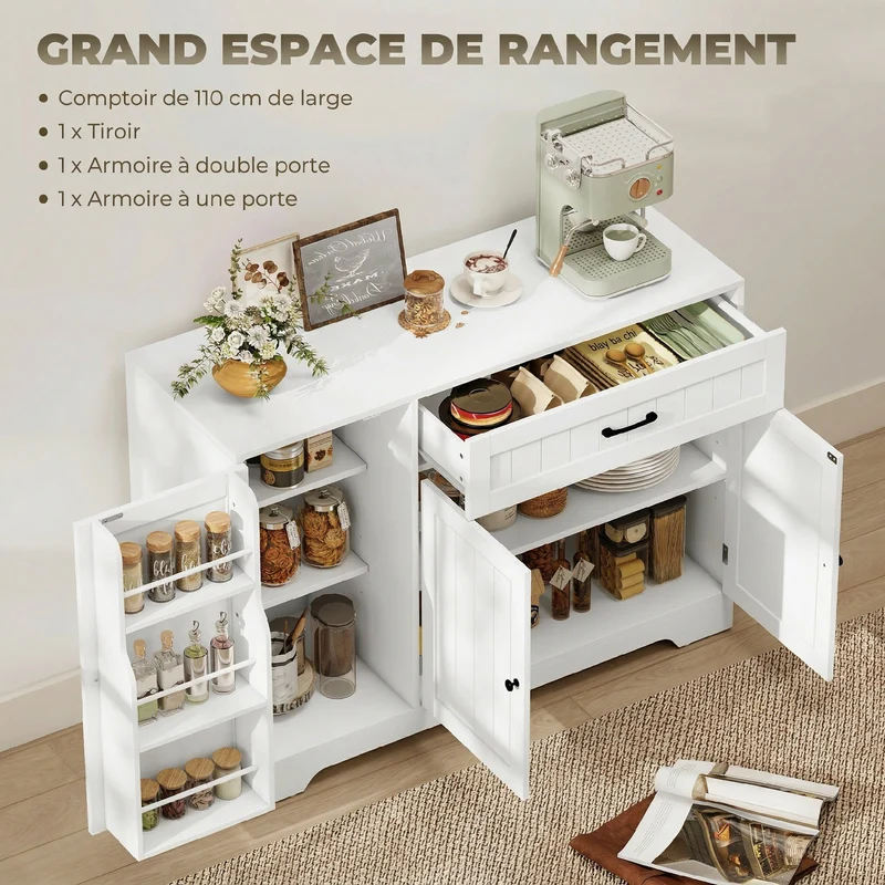 Buffet de cuisine polyvalent 110 x 40 x 80 cm grand tiroir et portes à fermeture douce contemporain épuré en MDF blanc 21_0003404