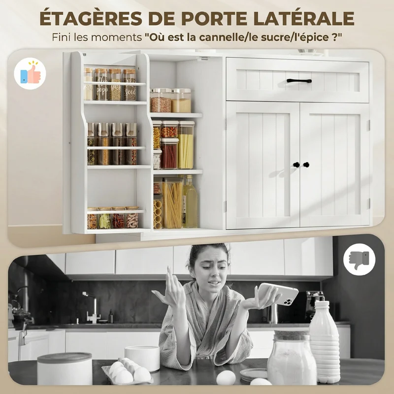 Buffet de cuisine polyvalent 110 x 40 x 80 cm grand tiroir et portes à fermeture douce contemporain épuré en MDF blanc 21_0003404