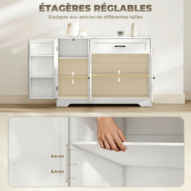 Buffet de cuisine polyvalent 110 x 40 x 80 cm grand tiroir et portes à fermeture douce contemporain épuré en MDF blanc 21_0003404