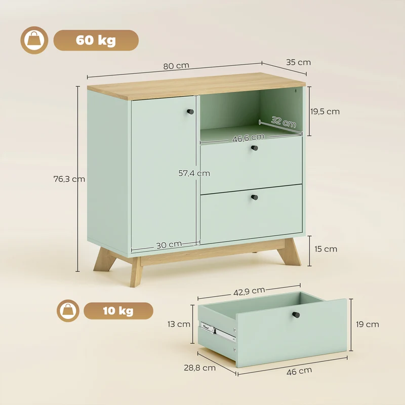 Buffet bas salon cuisine entrée 80 x 35 x 76,3 cm 2 tiroirs étagère réglable finition mate scandinave en MDF vert clair 21_0003656