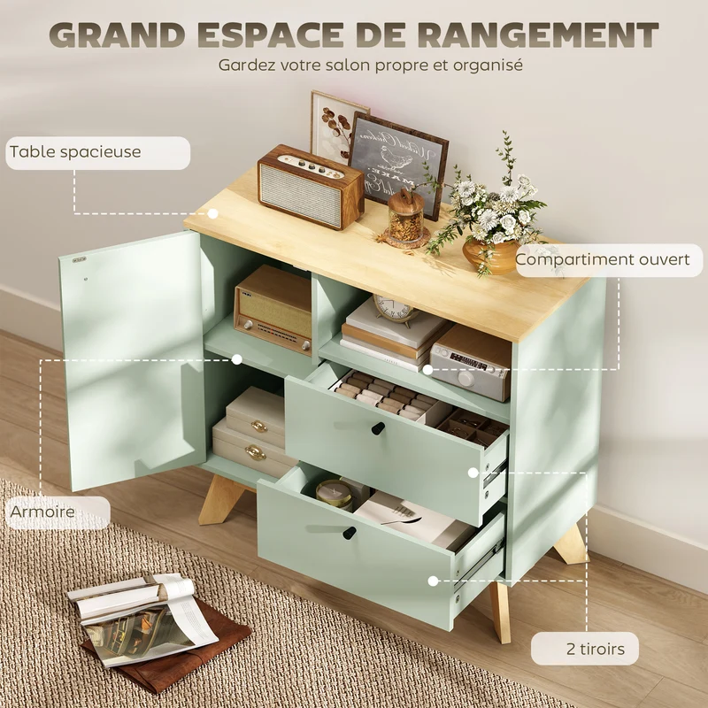 Buffet bas salon cuisine entrée 80 x 35 x 76,3 cm 2 tiroirs étagère réglable finition mate scandinave en MDF vert clair 21_0003656