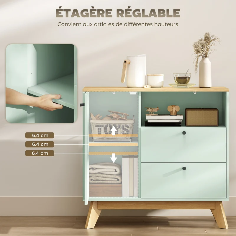 Buffet bas salon cuisine entrée 80 x 35 x 76,3 cm 2 tiroirs étagère réglable finition mate scandinave en MDF vert clair 21_0003656