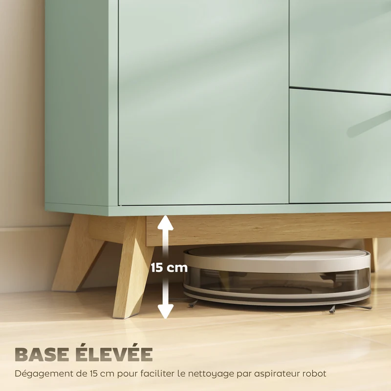 Buffet bas salon cuisine entrée 80 x 35 x 76,3 cm 2 tiroirs étagère réglable finition mate scandinave en MDF vert clair 21_0003656