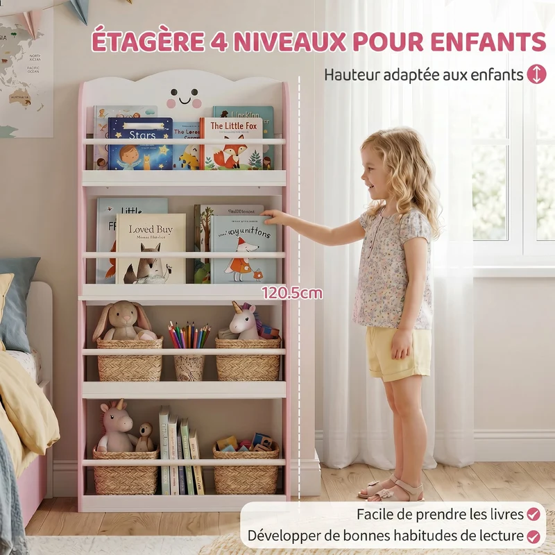 Bibliothèque murale enfant rangement livres 60 x 15 x 120 cm gain de place montage sûr scandinave idéale en MDF rose 21_0000181