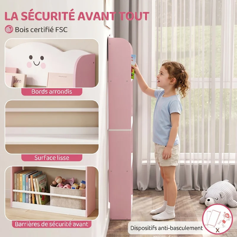 Bibliothèque murale enfant rangement livres 60 x 15 x 120 cm gain de place montage sûr scandinave idéale en MDF rose 21_0000181