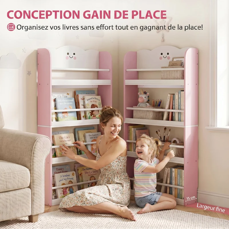 Bibliothèque murale enfant rangement livres 60 x 15 x 120 cm gain de place montage sûr scandinave idéale en MDF rose 21_0000181