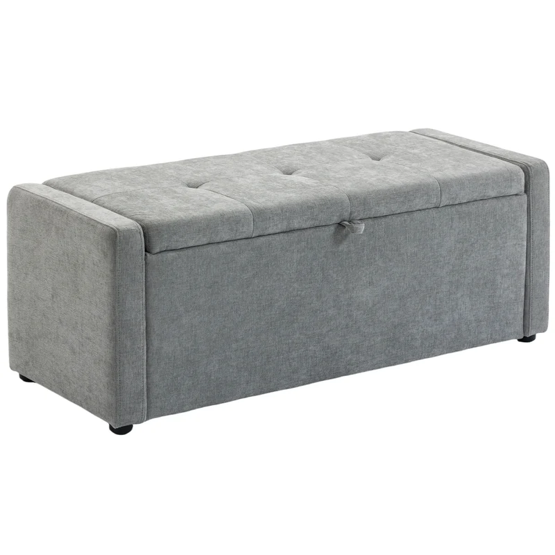 Banc de rangement coffre 122 x 48 x 44 cm assise large rangement caché capitonné style contemporain en lin gris clair 21_0002995