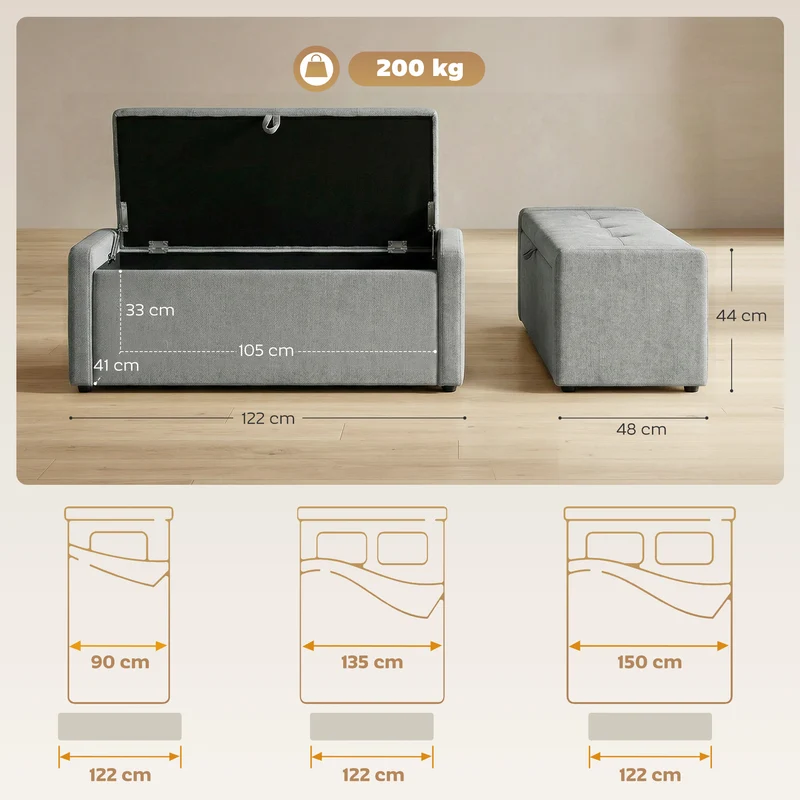 Banc de rangement coffre 122 x 48 x 44 cm assise large rangement caché capitonné style contemporain en lin gris clair 21_0002995