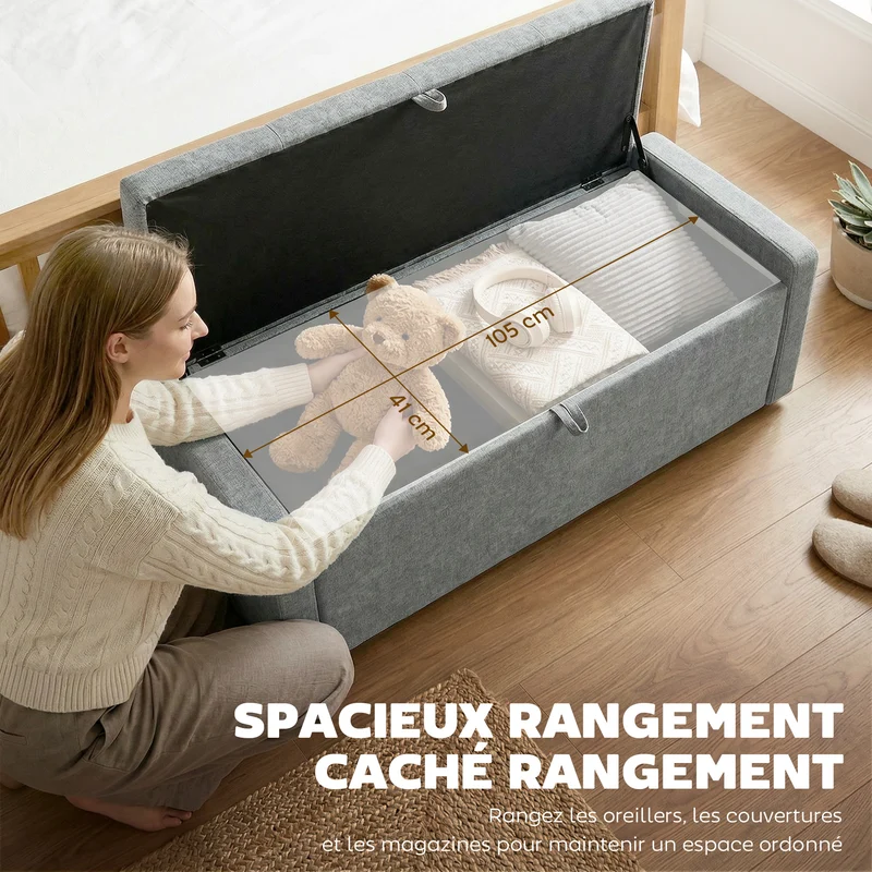 Banc de rangement coffre 122 x 48 x 44 cm assise large rangement caché capitonné style contemporain en lin gris clair 21_0002995