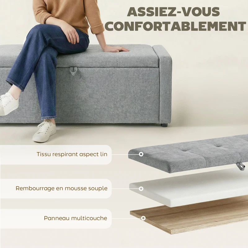 Banc de rangement coffre 122 x 48 x 44 cm assise large rangement caché capitonné style contemporain en lin gris clair 21_0002995