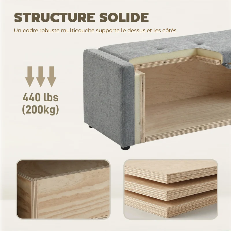 Banc de rangement coffre 122 x 48 x 44 cm assise large rangement caché capitonné style contemporain en lin gris clair 21_0002995