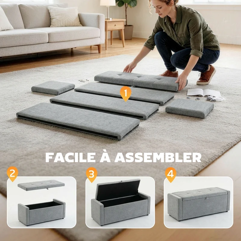 Banc de rangement coffre 122 x 48 x 44 cm assise large rangement caché capitonné style contemporain en lin gris clair 21_0002995