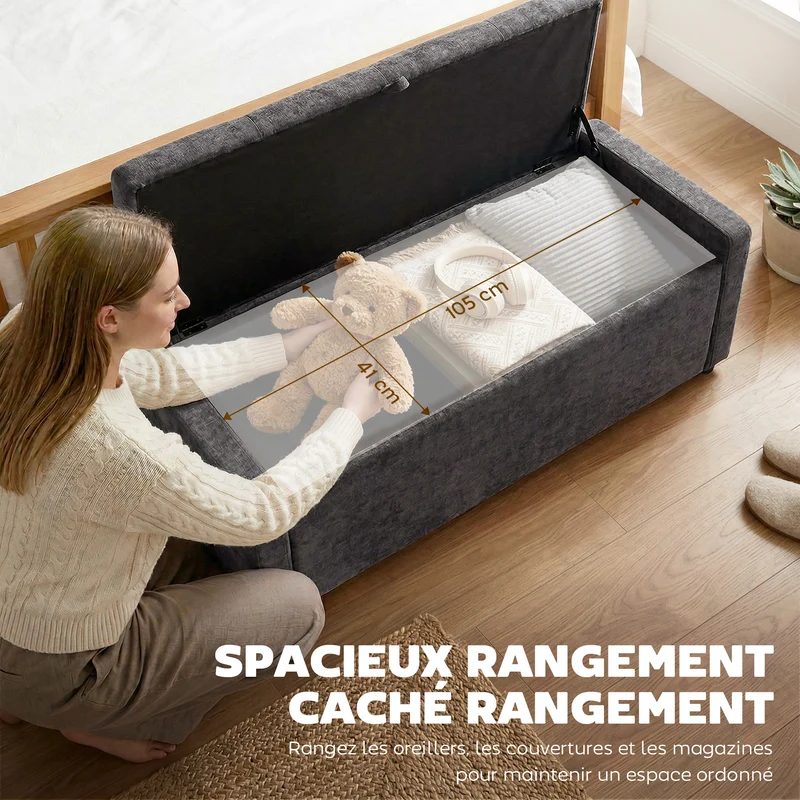Banc de rangement bout de lit 122 x 48 x 44 cm grand coffre de rangement assise rembourrée scandinave en lin gris foncé 21_0002994