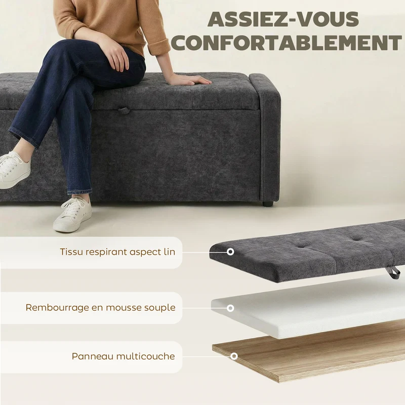 Banc de rangement bout de lit 122 x 48 x 44 cm grand coffre de rangement assise rembourrée scandinave en lin gris foncé 21_0002994
