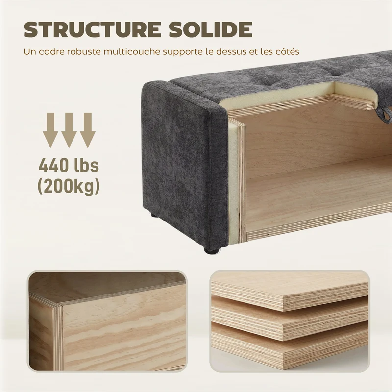 Banc de rangement bout de lit 122 x 48 x 44 cm grand coffre de rangement assise rembourrée scandinave en lin gris foncé 21_0002994