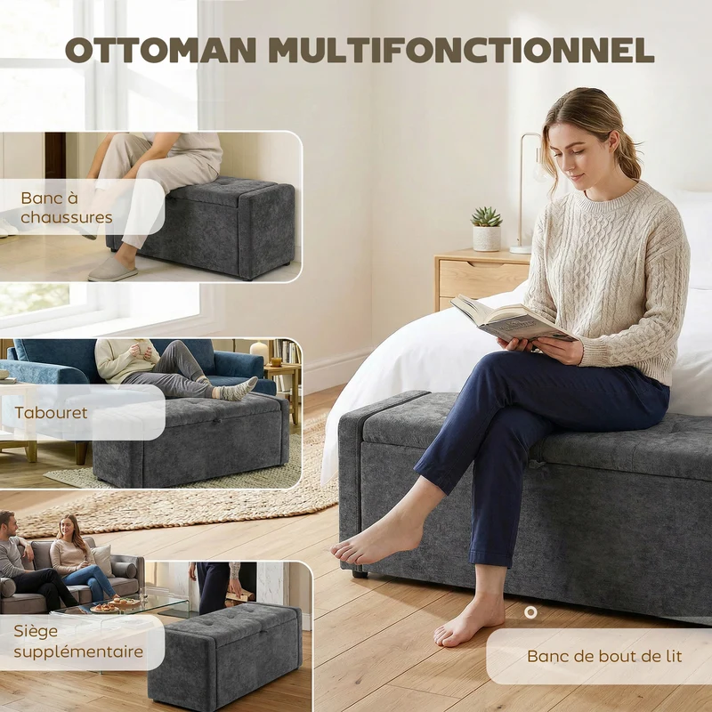 Banc de rangement bout de lit 122 x 48 x 44 cm grand coffre de rangement assise rembourrée scandinave en lin gris foncé 21_0002994