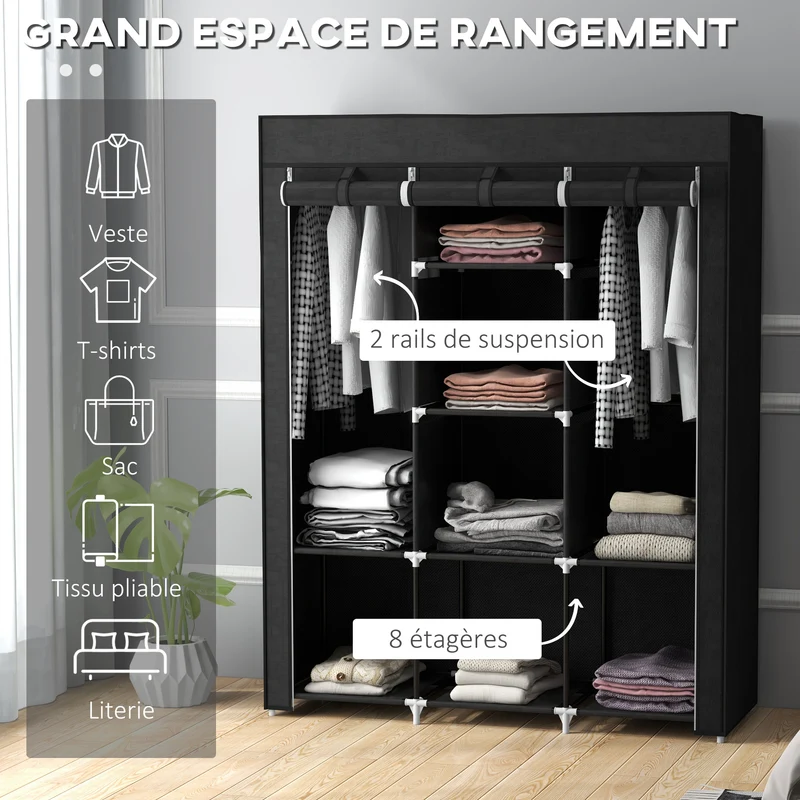 Armoire penderie 125 x 43 x 162,5 cm 8 étagères 2 barres style épuré scandinave salon chambre en tissu non tissé noir 21_0005814