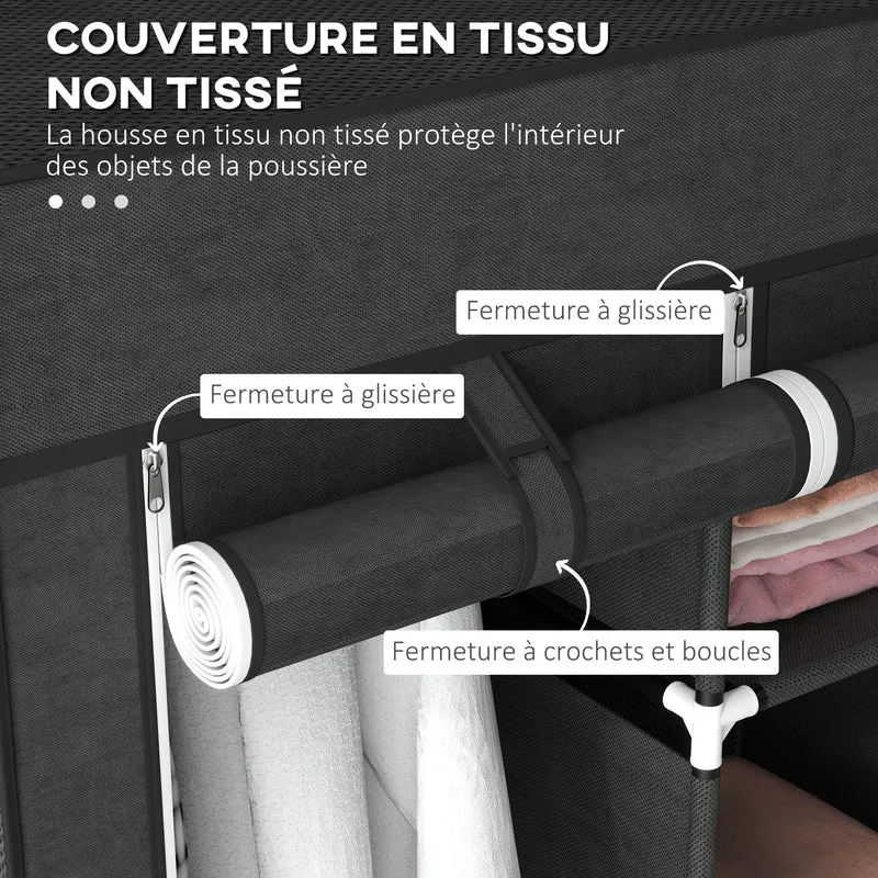 Armoire penderie 125 x 43 x 162,5 cm 8 étagères 2 barres style épuré scandinave salon chambre en tissu non tissé noir 21_0005814