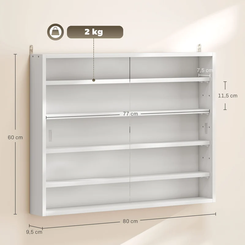 Vitrine murale pour collection 80 x 9,5 x 60 cm anti-poussière portes vitrées étagères réglables épuré en mélaminé blanc 21_0001784