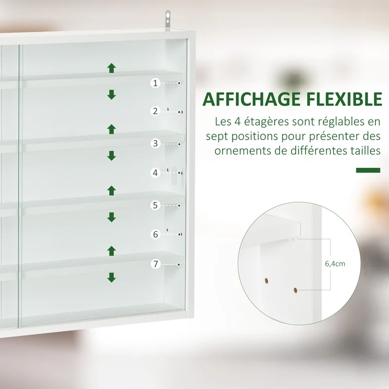 Vitrine murale pour collection 80 x 9,5 x 60 cm anti-poussière portes vitrées étagères réglables épuré en mélaminé blanc 21_0001784