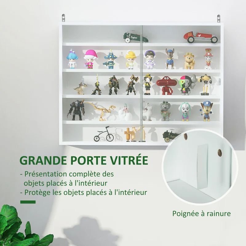 Vitrine murale pour collection 80 x 9,5 x 60 cm anti-poussière portes vitrées étagères réglables épuré en mélaminé blanc 21_0001784