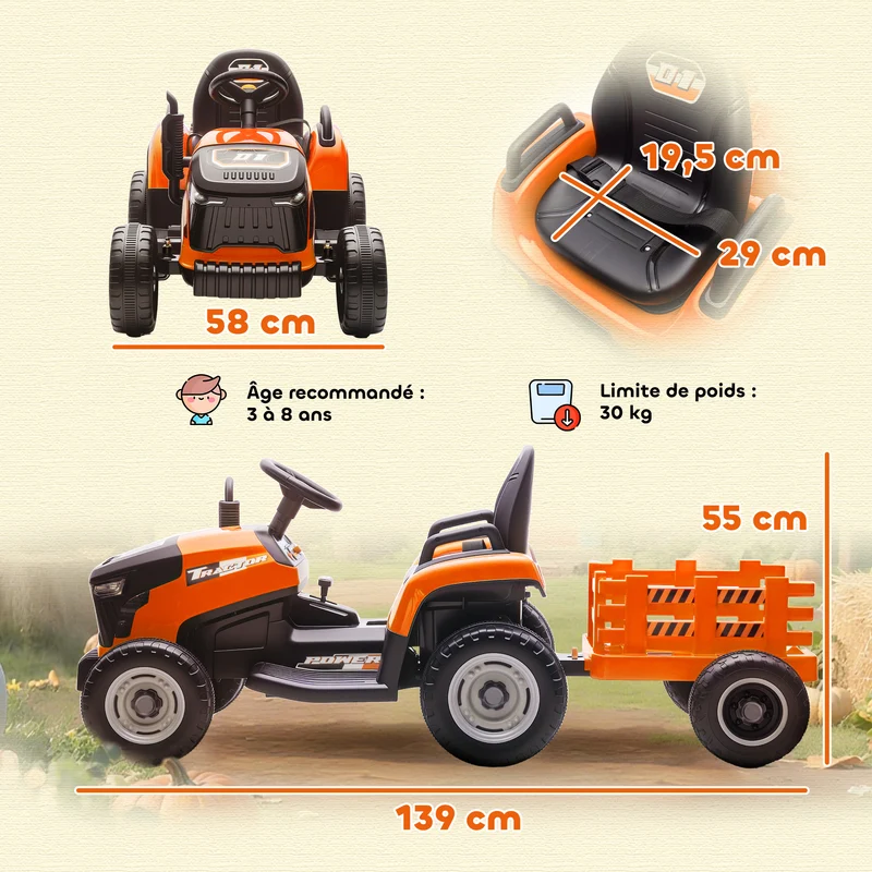 Tracteur électrique enfants avec remorque 139 x 58 x 55 cm télécommande parentale batterie 12v moderne en PP orange 21_0000611