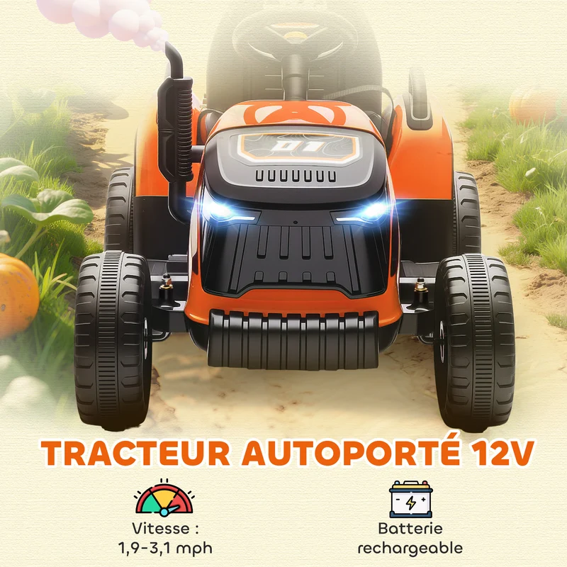 Tracteur électrique enfants avec remorque 139 x 58 x 55 cm télécommande parentale batterie 12v moderne en PP orange 21_0000611