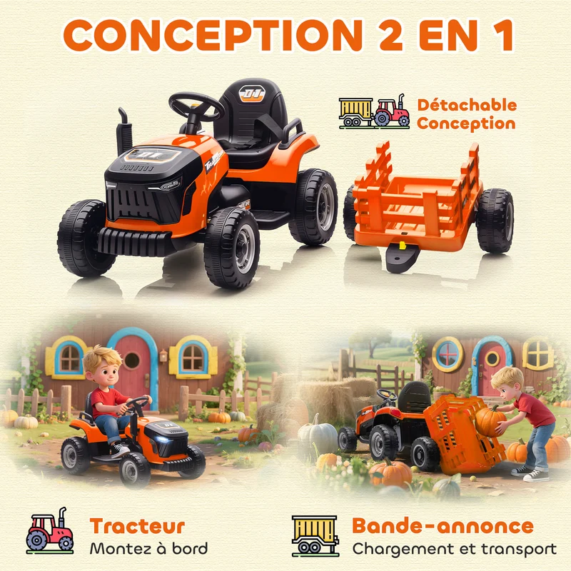 Tracteur électrique enfants avec remorque 139 x 58 x 55 cm télécommande parentale batterie 12v moderne en PP orange 21_0000611