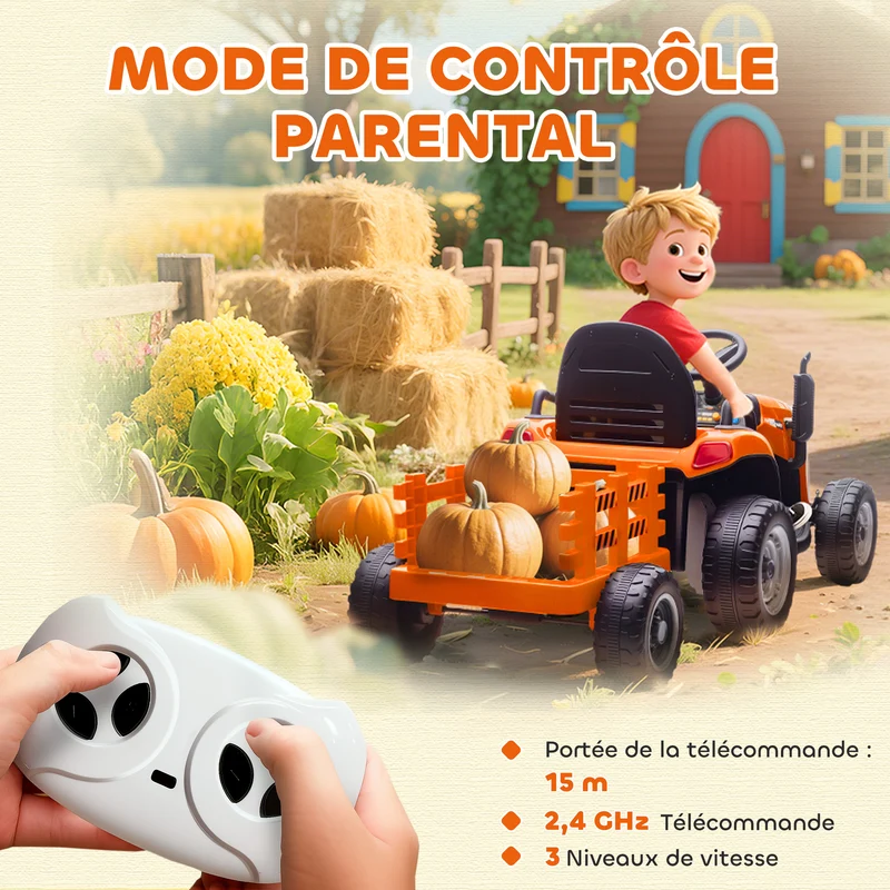 Tracteur électrique enfants avec remorque 139 x 58 x 55 cm télécommande parentale batterie 12v moderne en PP orange 21_0000611