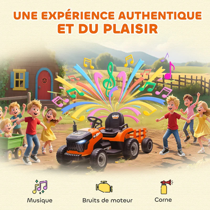 Tracteur électrique enfants avec remorque 139 x 58 x 55 cm télécommande parentale batterie 12v moderne en PP orange 21_0000611