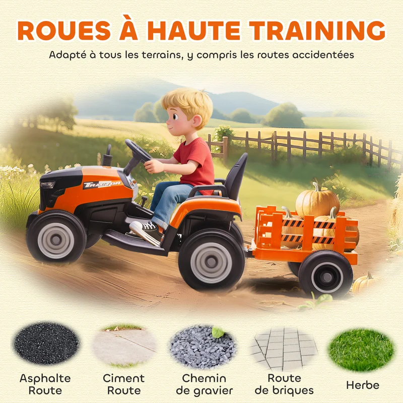 Tracteur électrique enfants avec remorque 139 x 58 x 55 cm télécommande parentale batterie 12v moderne en PP orange 21_0000611