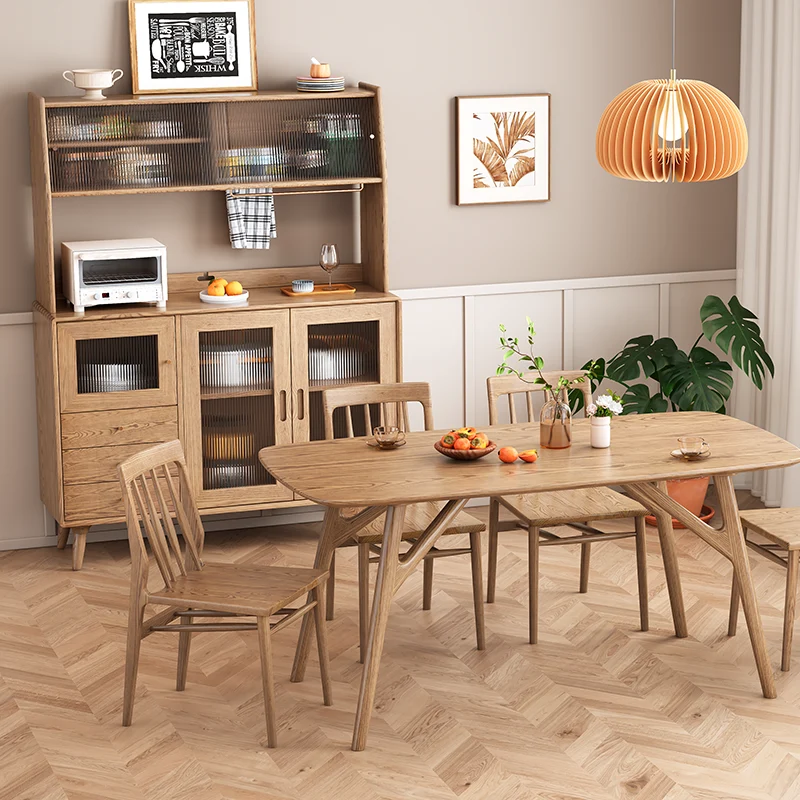 Contemporary Scandinavian North American Ash Wood Storage Cabinet - Rectangular With Hutch Ribbed Glass Storage Sideboard For Dining Room & Kitchen