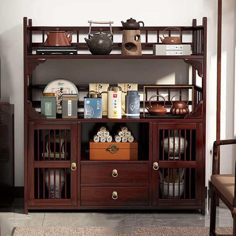 Traditional Chinese Rectangular Bamboo Medium Density Fiberboard Storage Cabinet 4/5-Tier For Living Room