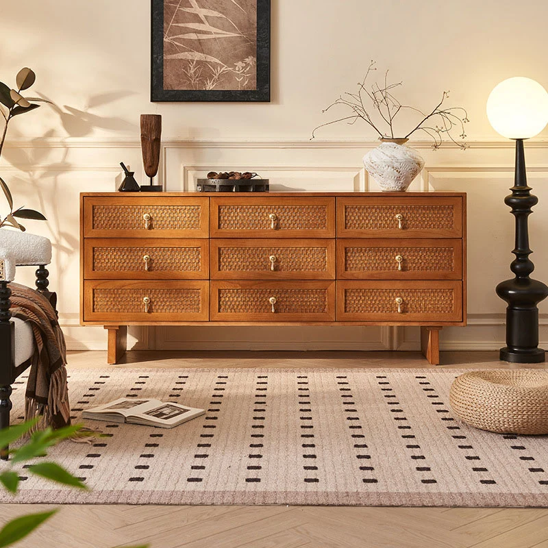 Traditional Chinese Rectangular Solid Wood Multi-Layer Plate Rattan Storage Cabinet 9-Drawer For Living Room