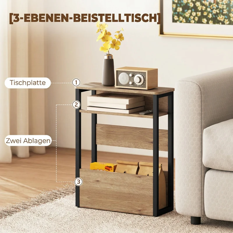 Table d'appoint table de chevet 2 niveaux coins arrondis 46 x 18 x 58.5 cm gain de place moderne en mélamine noyer foncé 21_0003465