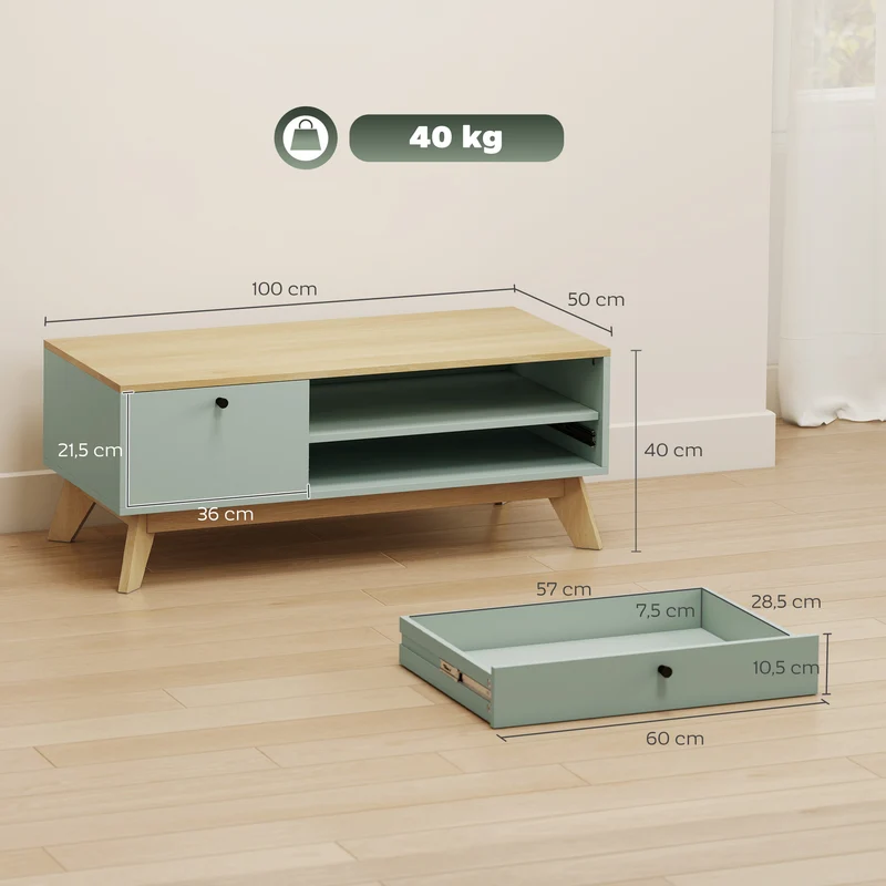 Table basse rectangulaire salon 100 x 50 x 40 cm rangement tiroir placard ouvert utile design moderne en MDF vert clair 21_0003655