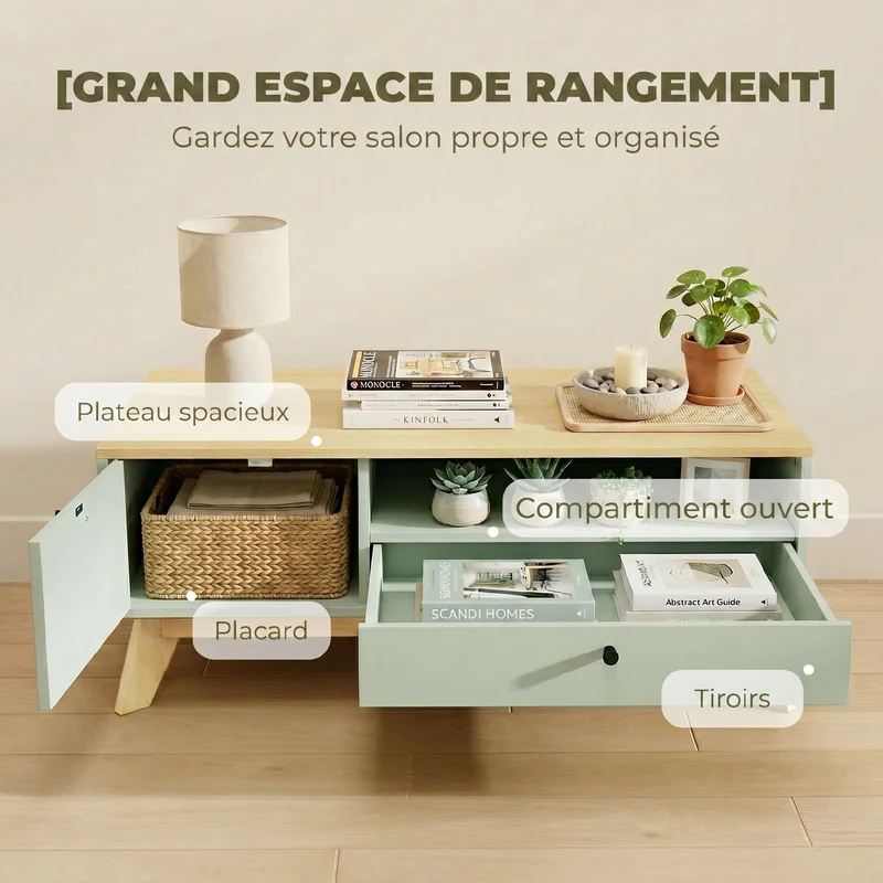 Table basse rectangulaire salon 100 x 50 x 40 cm rangement tiroir placard ouvert utile design moderne en MDF vert clair 21_0003655