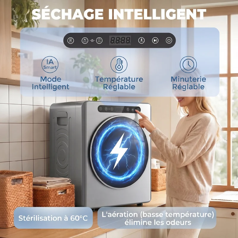 Sèche-linge à évacuation compact 49 x 43 x 61 cm séchage rapide anti-froissage moderne épuré en acier inoxydable argent 21_0007092
