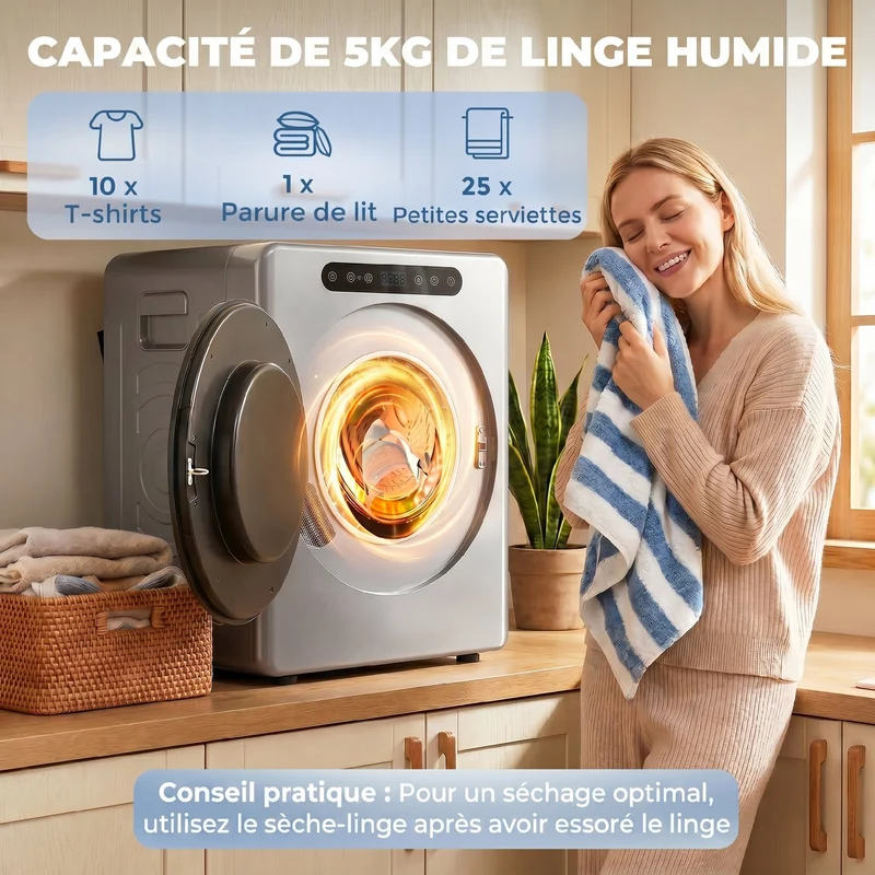 Sèche-linge à évacuation compact 49 x 43 x 61 cm séchage rapide anti-froissage moderne épuré en acier inoxydable argent 21_0007092