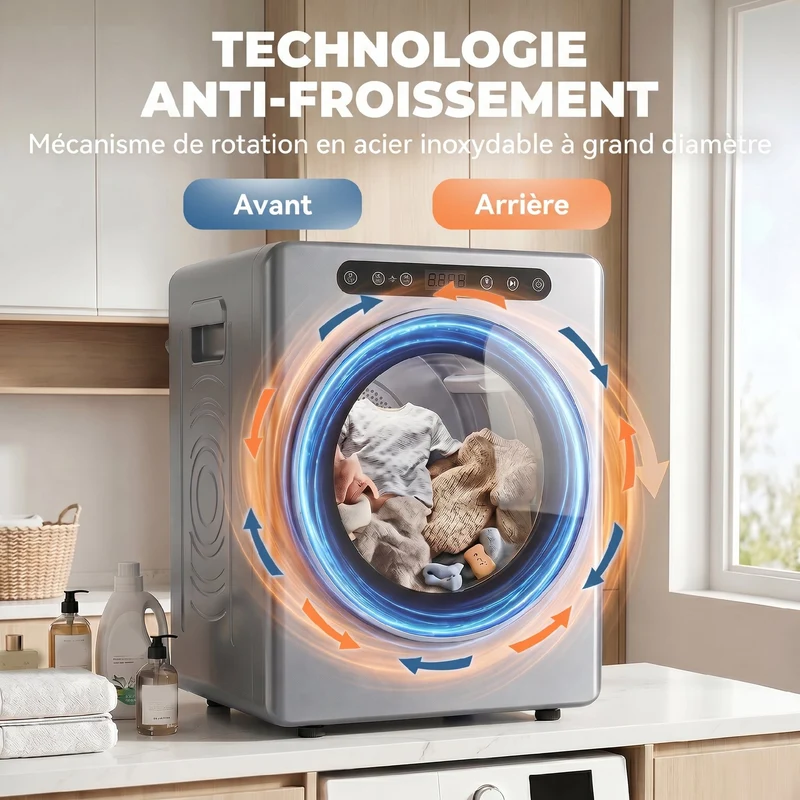 Sèche-linge à évacuation compact 49 x 43 x 61 cm séchage rapide anti-froissage moderne épuré en acier inoxydable argent 21_0007092