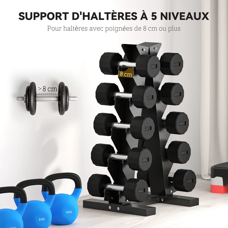 Support d'haltères 5 niveaux rangement 35 x 33 x 66 cm capacité 100 kg stabilité antidérapante moderne en acier noir 21_0006818