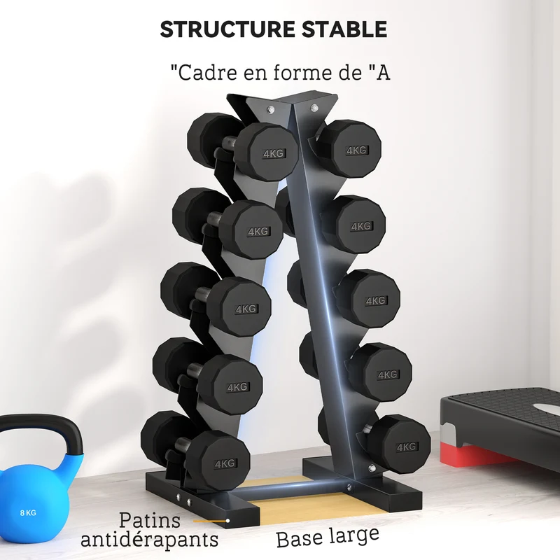 Support d'haltères 5 niveaux rangement 35 x 33 x 66 cm capacité 100 kg stabilité antidérapante moderne en acier noir 21_0006818