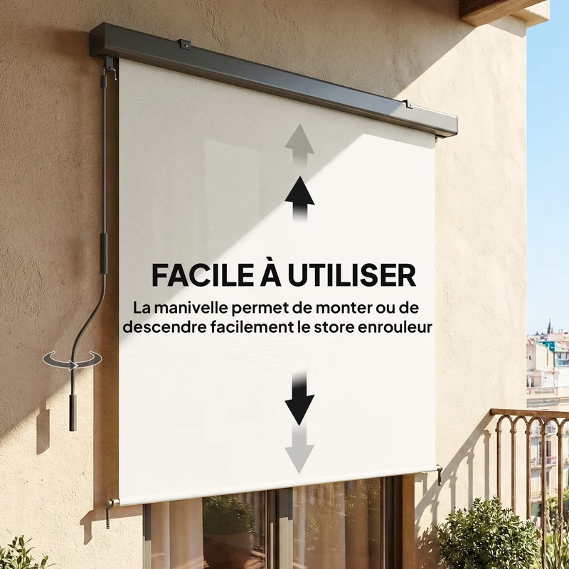 Store enrouleur extérieur 250 x 160 cm protection uv upf50+ résistant à l'eau manivelle moderne épuré en polyester crème 21_0003896