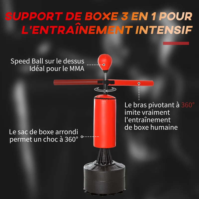 Sac de frappe autoportant 3 en 1 88 x 48 x 155-205 cm hauteur réglable entraînement cardio moderne en synthétique noir 21_0006780