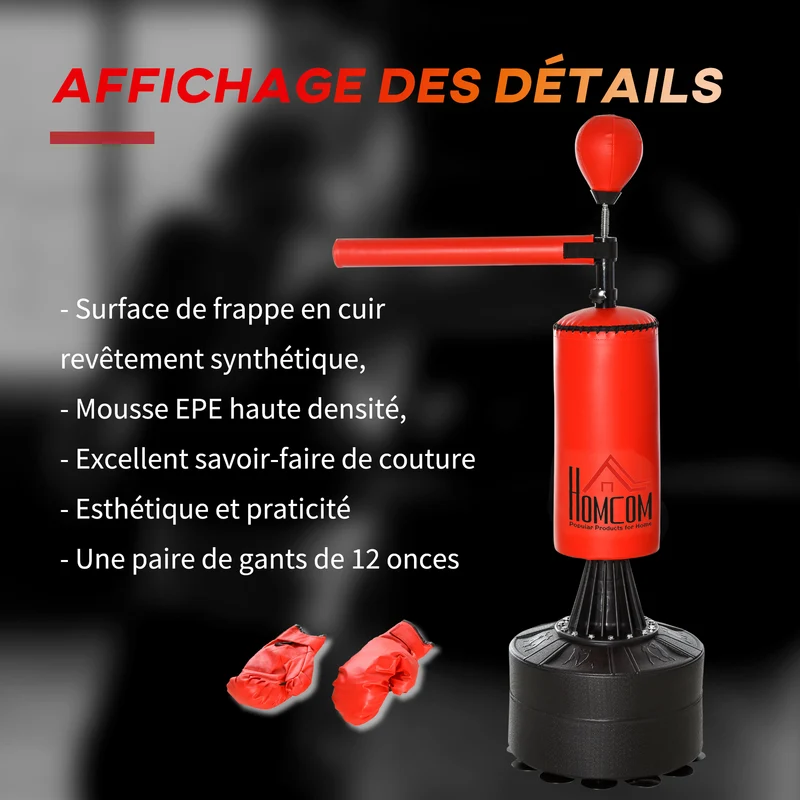 Sac de frappe autoportant 3 en 1 88 x 48 x 155-205 cm hauteur réglable entraînement cardio moderne en synthétique noir 21_0006780
