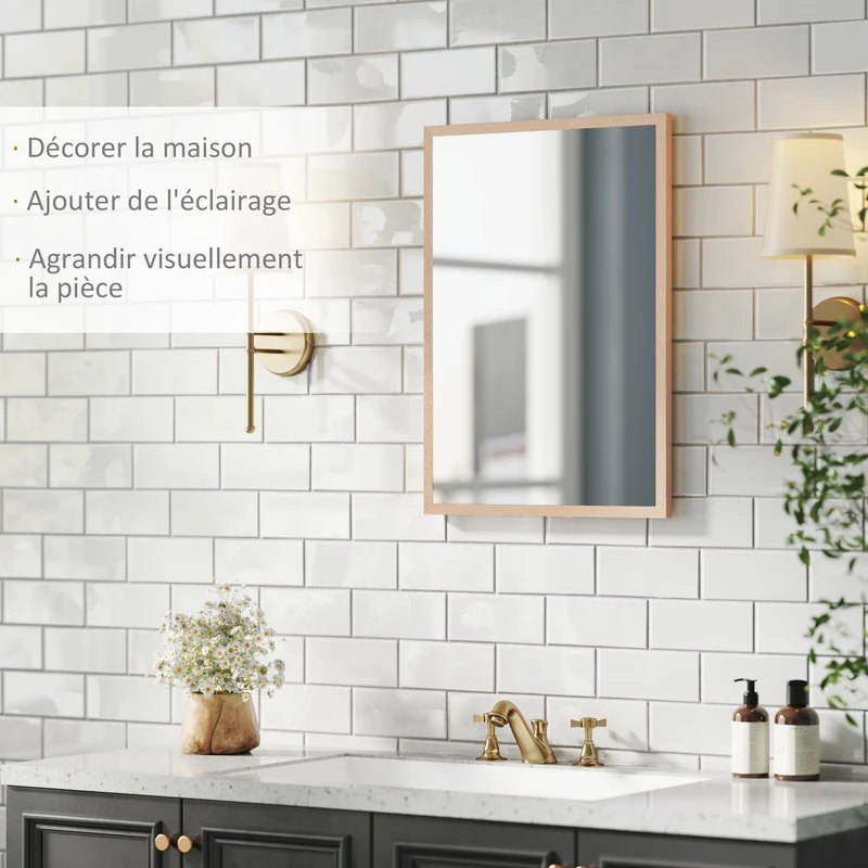 Miroir mural rectangulaire salle de bain 50 x 70 cm illumine fixation murale orientation moderne épuré en MDF naturel 21_0001356