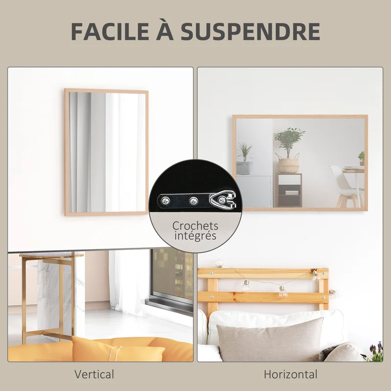 Miroir mural rectangulaire salle de bain 50 x 70 cm illumine fixation murale orientation moderne épuré en MDF naturel 21_0001356